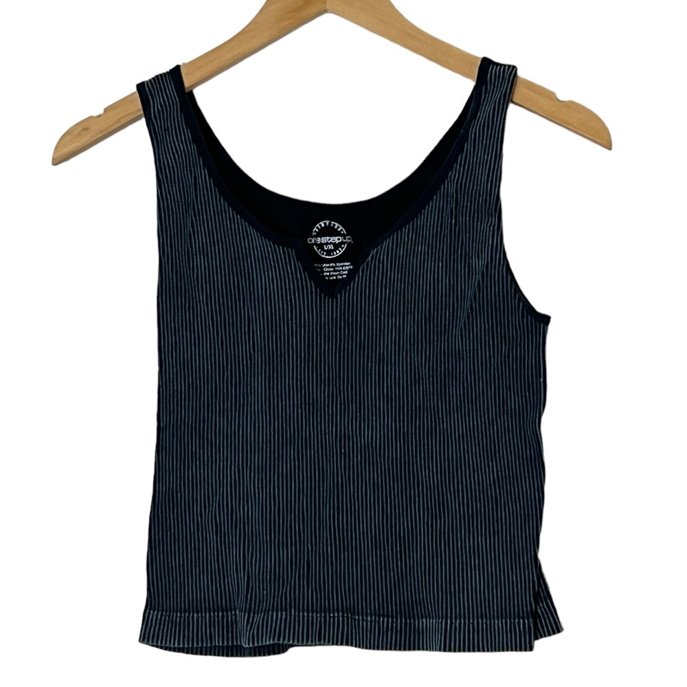 One Step Up | Blue/gray stretch ribbed split neck athletic tank top size…